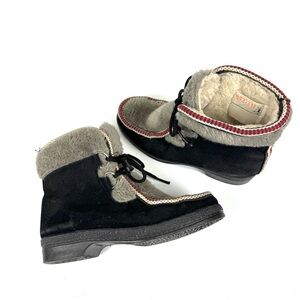 Vintage 1970s Yodelers Women's Sz 5 Winter Ankle Boots Black Suede Faux Fur -USA